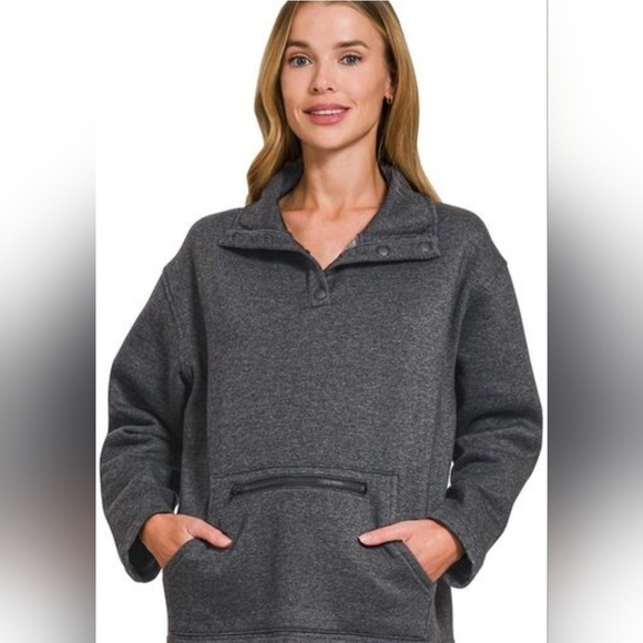 Zenana New In Bag Charcoal Mock Neck Button-Up Sweatshirt Large PTP 25 - Picture 2 of 3